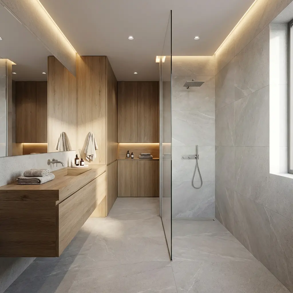 Modernes Badezimmer mit schwebendem Holzwastisch, integriertem Waschbecken, Walk-in-Dusche mit Marmorfliesen, Glaswand und Stimmungslicht